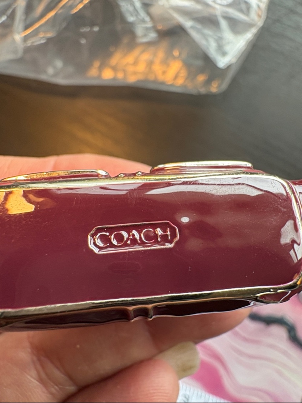 Coach Burgundy Patent Mini Satchel Key Ring with Silver Hardware - Picture 5 of 7